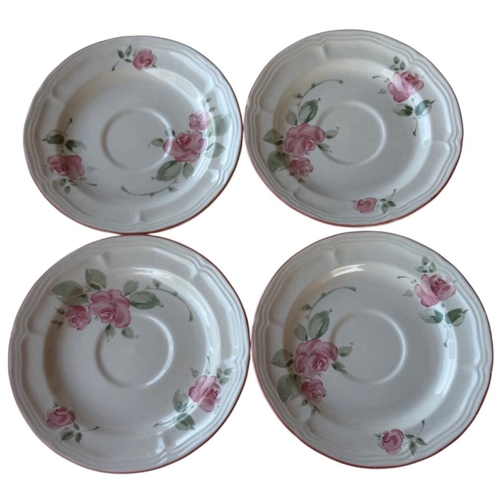 Set of 4 Gibson Housewares Roses Leaves Pattern Ceramic Saucer Plates 6.5"